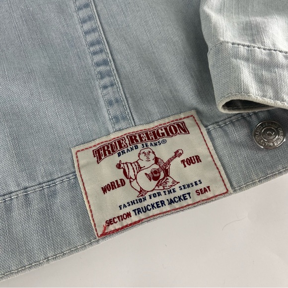 True Religion Denim Jacket Mens XL Blue Light Wash Trucker Hip Hop Y2K Flap Jean - Picture 5 of 11